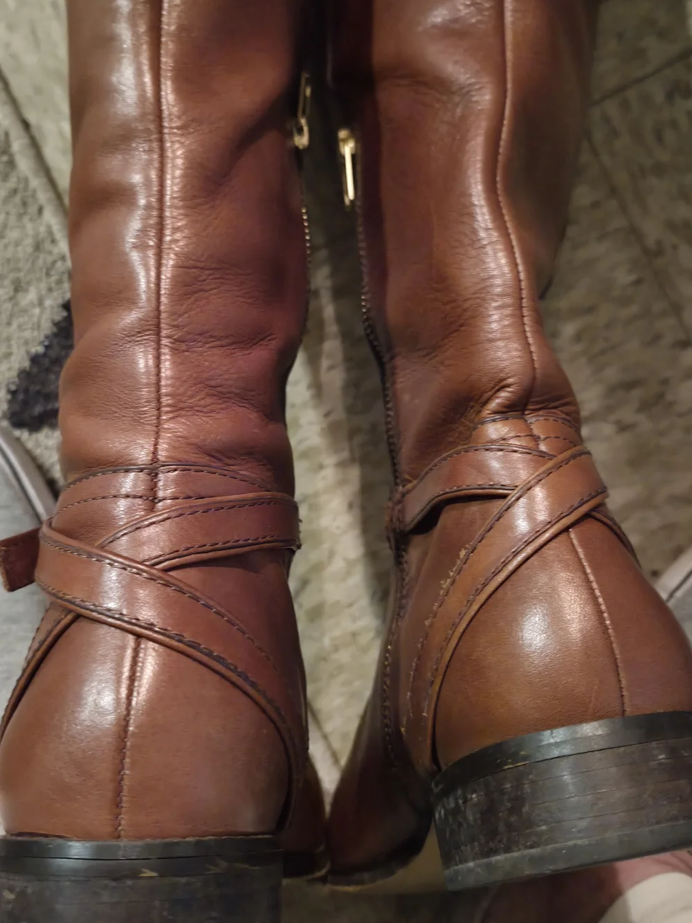 Coach 'Micha Chestnut Brown Leather Tall Riding Boots w/ Crossed Buckle Straps